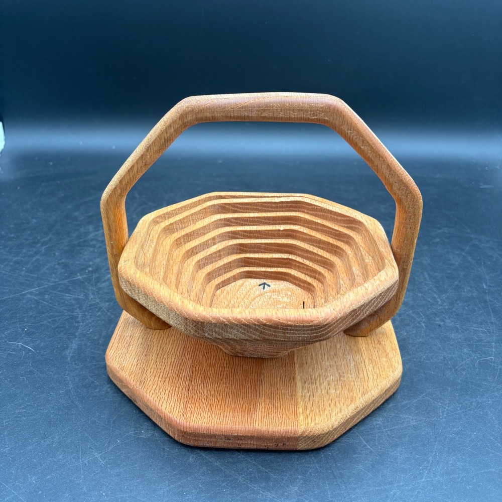 Vintage Collapsible Wooden Fruit Basket Octagon Spiral Folding Trivet Bowl